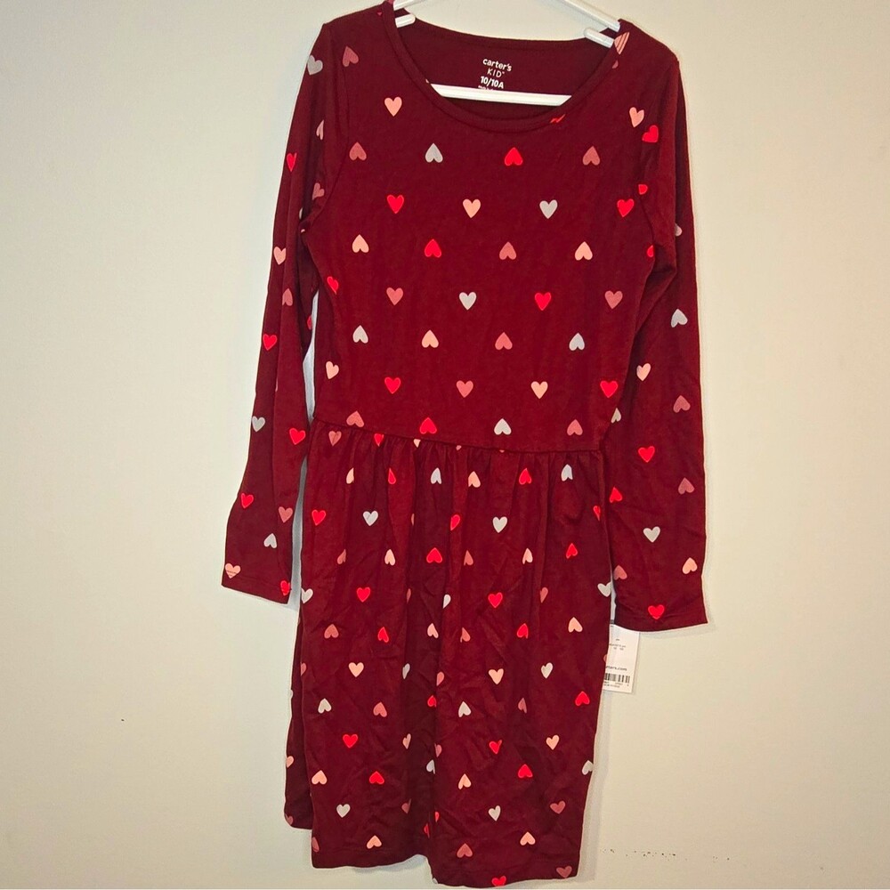 Carter's Girls Size 10 Burgundy Heart Print Knit Long Sleeve Fit & Flare Dress